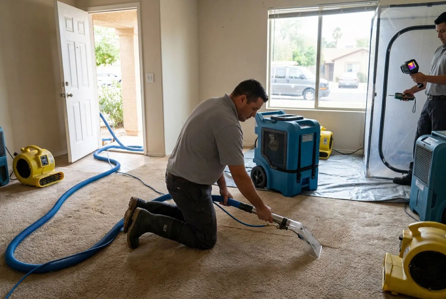 Technician extracting standing water from a flooded living room
