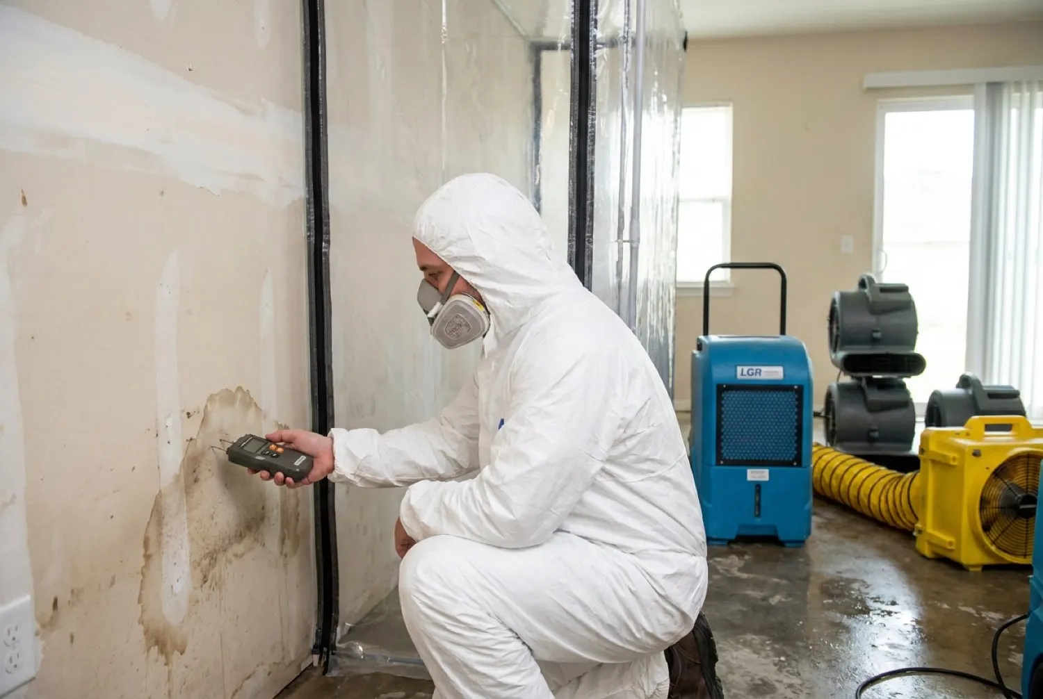 Technician in containment gear taking a moisture reading on drywall