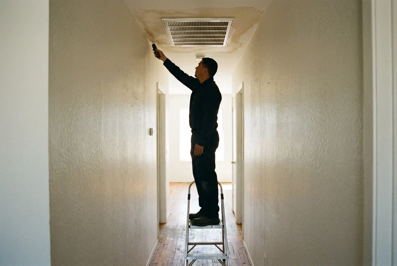 A technician reads ceiling drywall with a pin moisture meter beside a water-stained cooler grille in a Phoenix hallway.