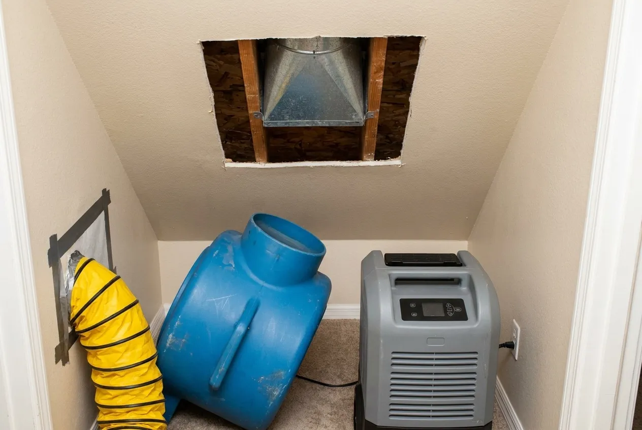 An air mover and dehumidifier dry an opened ceiling around a swamp cooler duct in a Phoenix home.