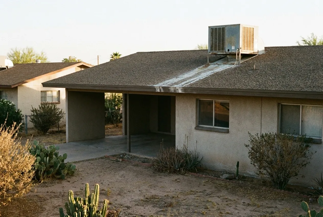 A rooftop evaporative cooler on a Phoenix ranch house leaves a pale mineral streak down the low-slope roof below it.