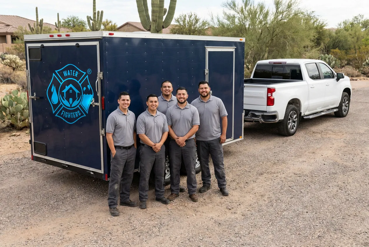 The Water Fighters crew stands together in front of their service trucks on a Phoenix job site in the early morning.