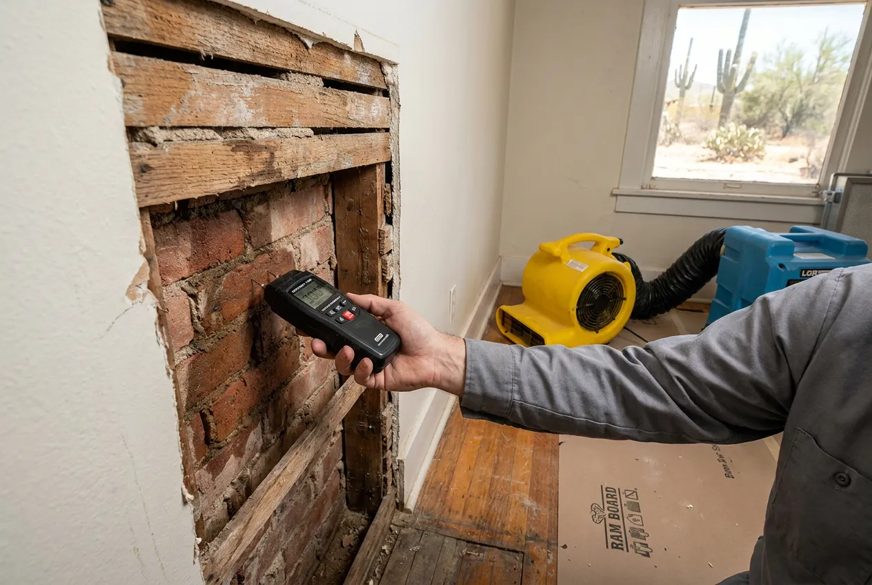 A moisture meter reads exposed brick and lath inside a Tempe Maple-Ash bungalow wall while the original hardwood floor sits protected under ram board.