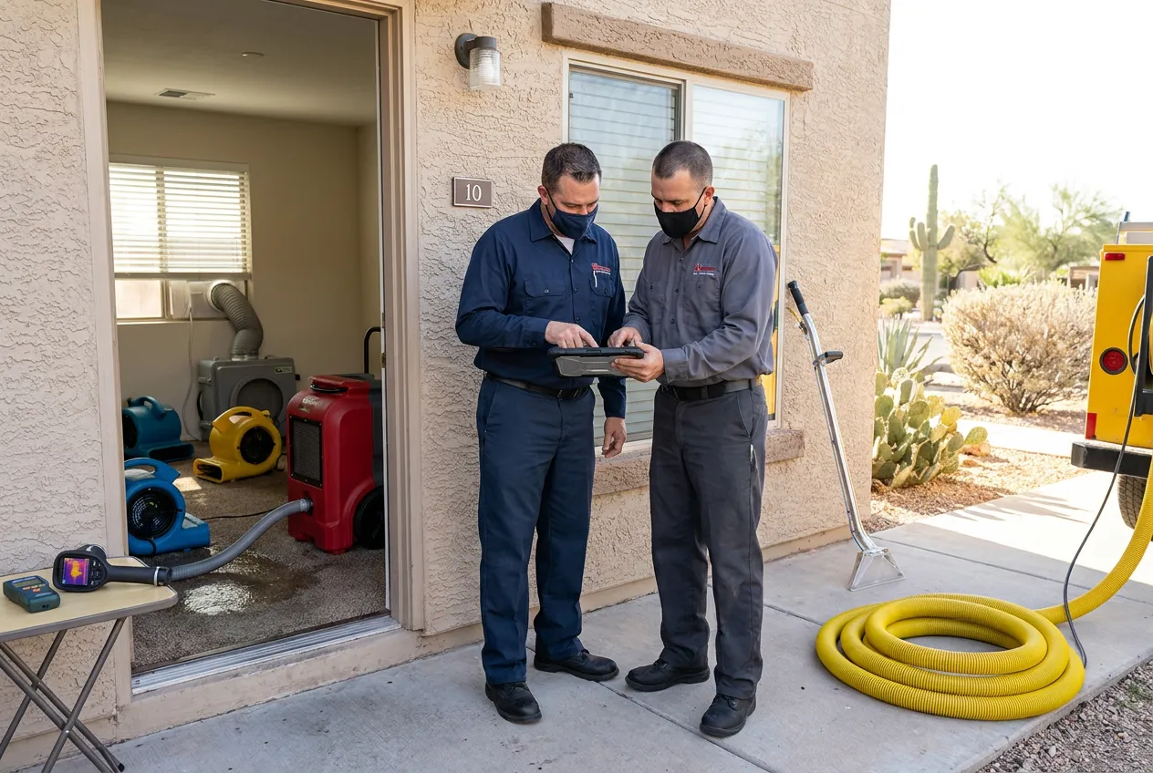 A Water Fighters technician reviews the drying scope on a tablet with a Tempe property manager in an apartment doorway while equipment runs inside the unit.