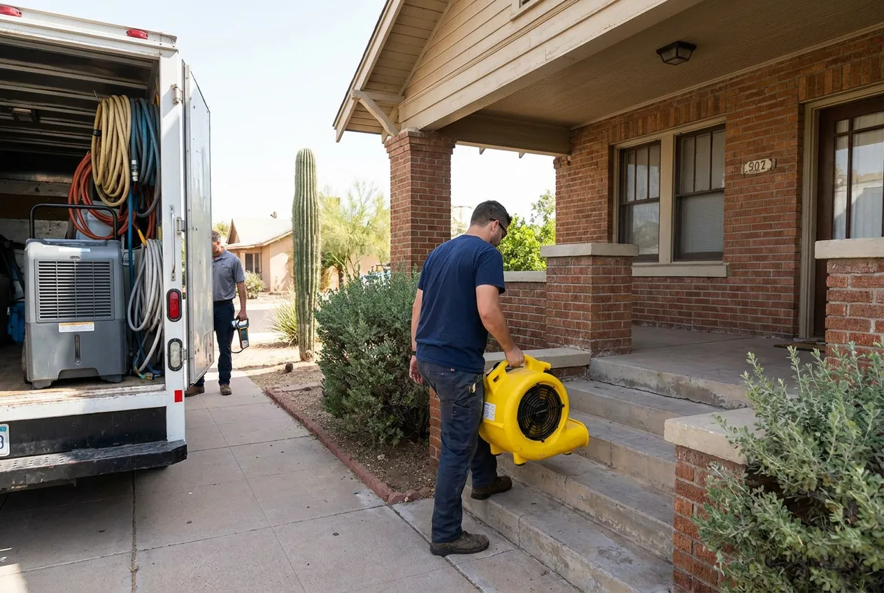 A Water Fighters technician carries an air mover up the porch steps of a historic brick bungalow in Tempe's Maple-Ash neighborhood.