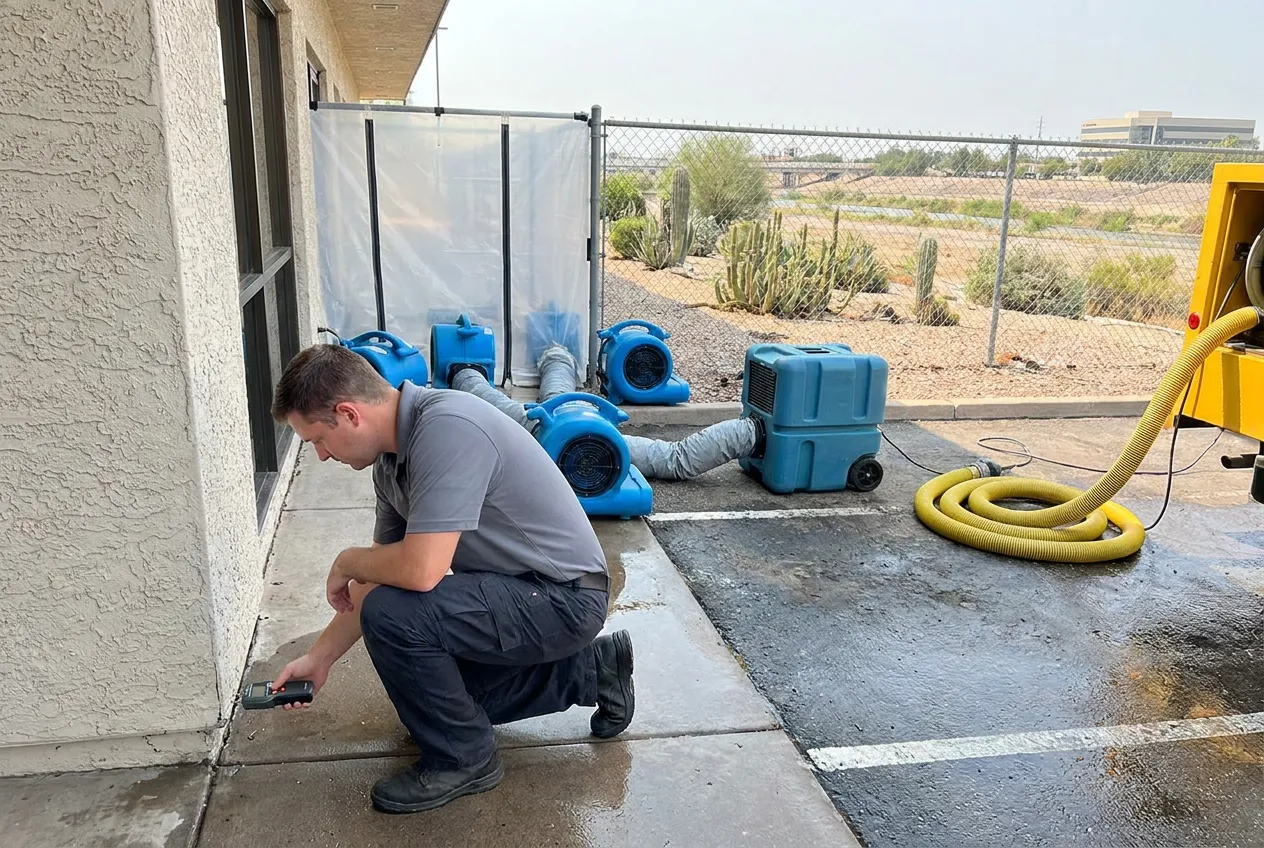 A restoration technician checks stormwater entry at a Tempe building with the Salt River corridor in the distance.