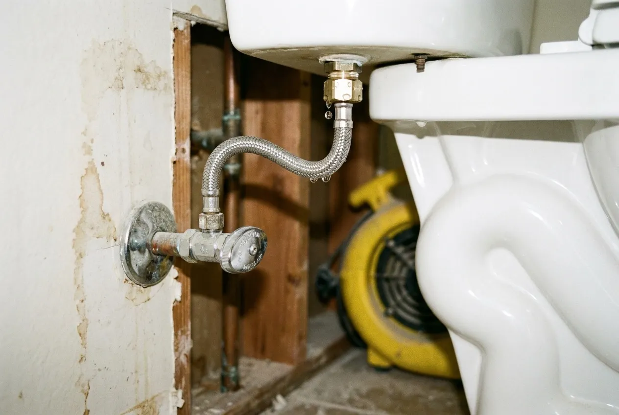 Water beads on the coupling nut where a braided supply line meets a toilet tank above a closed shutoff valve.