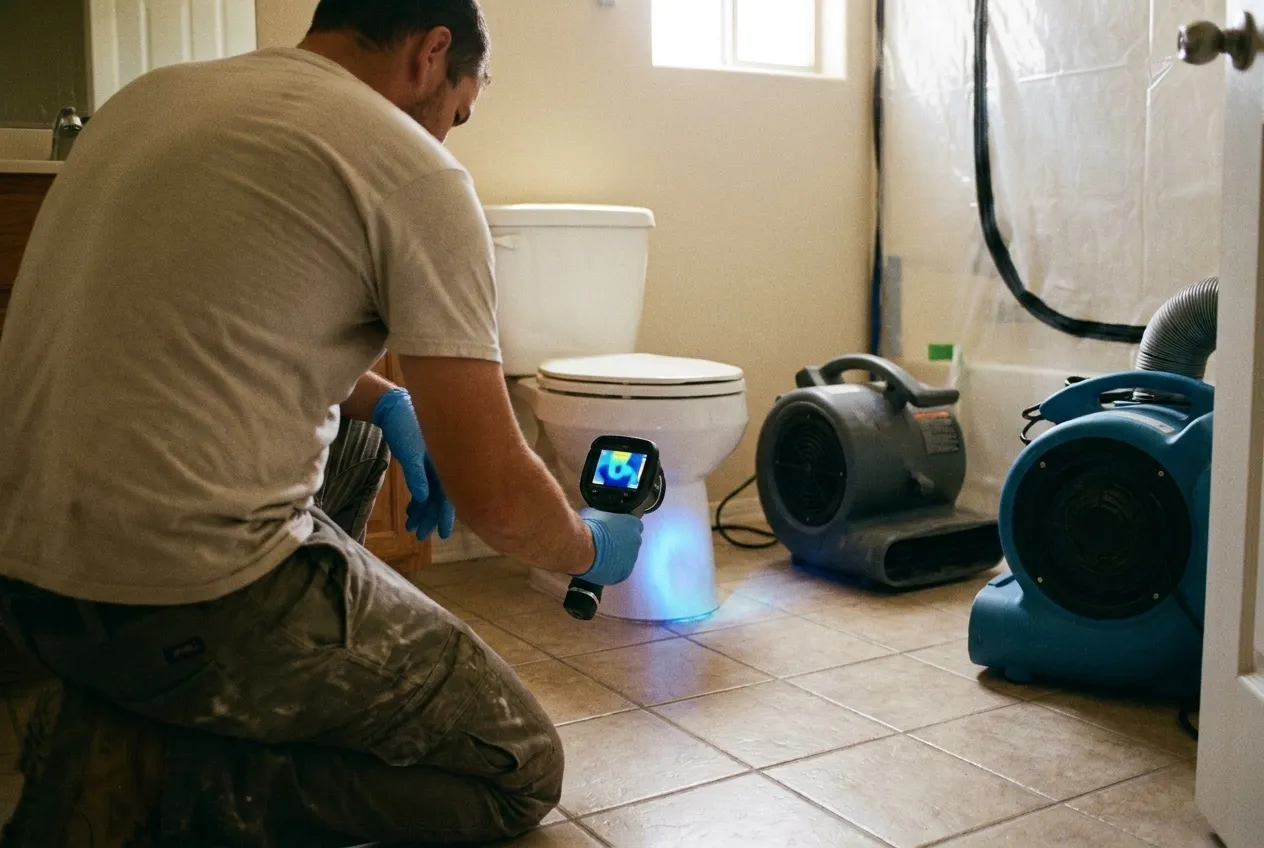 A technician's thermal camera shows a cool halo of moisture spreading across the tile from the base of a toilet that never overflowed.