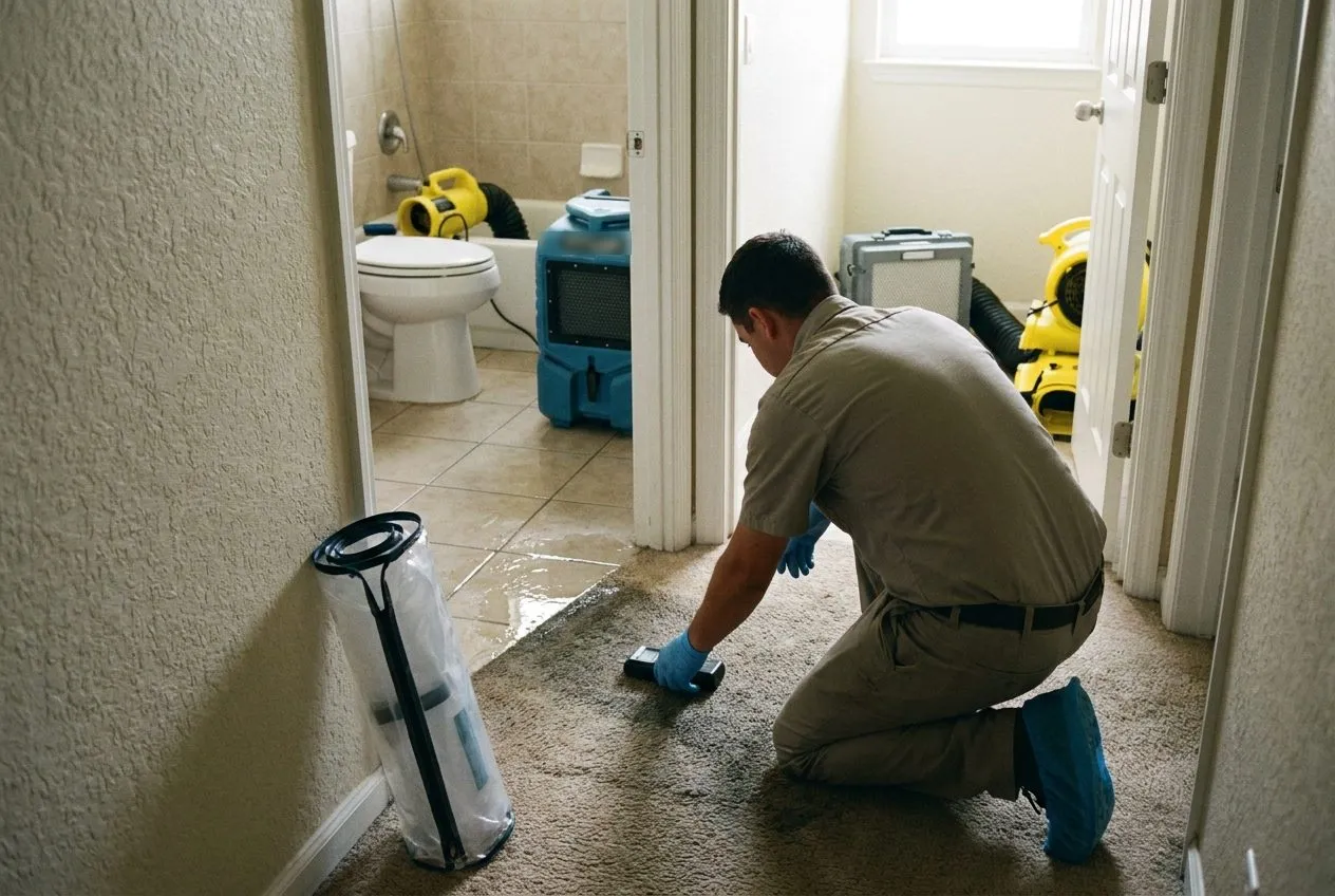A technician in gloves checks a wet hallway carpet edge at the doorway of a bathroom where a toilet overflowed onto the tile.