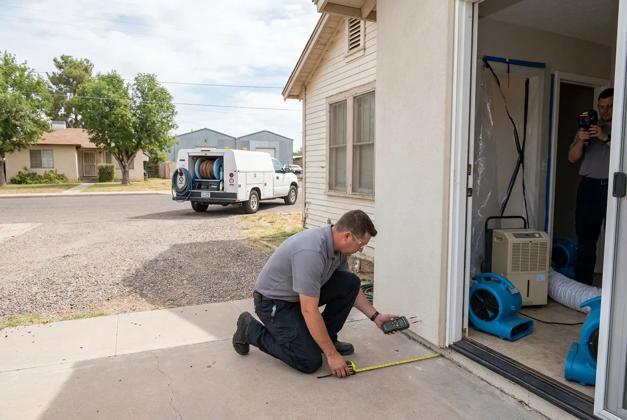 A technician measures floor height and wall moisture where a later addition joins an older Tolleson home.