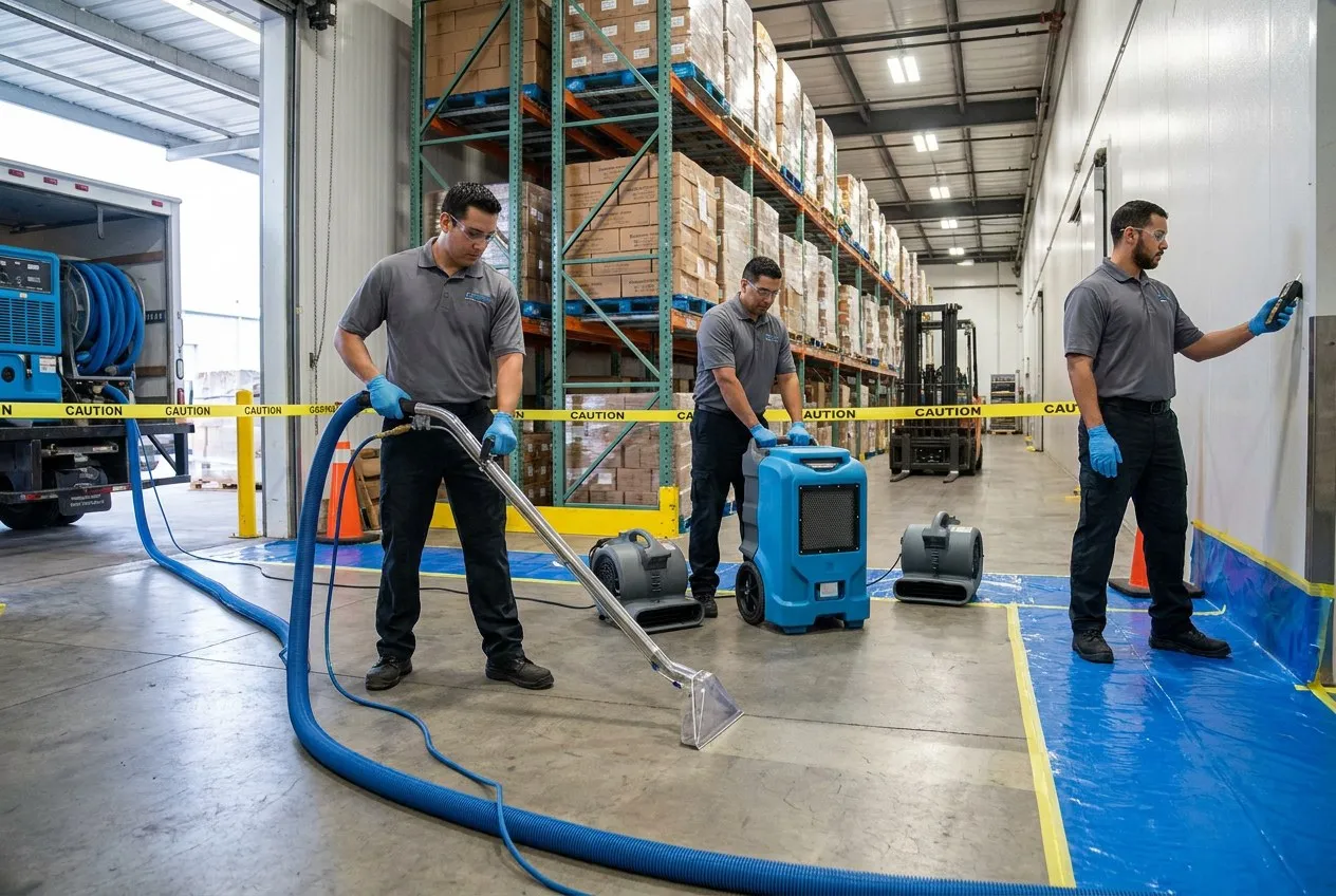 Extraction hoses and floor protection define a wet work zone beside an open operating aisle in a Tolleson refrigerated warehouse.
