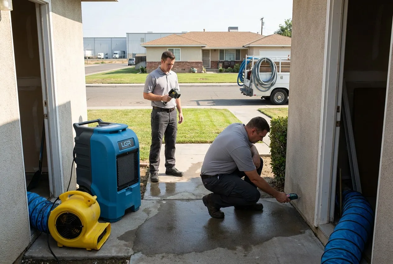 A restoration technician documents water at a low Tolleson home while refrigerated warehouses stand beyond the neighborhood.