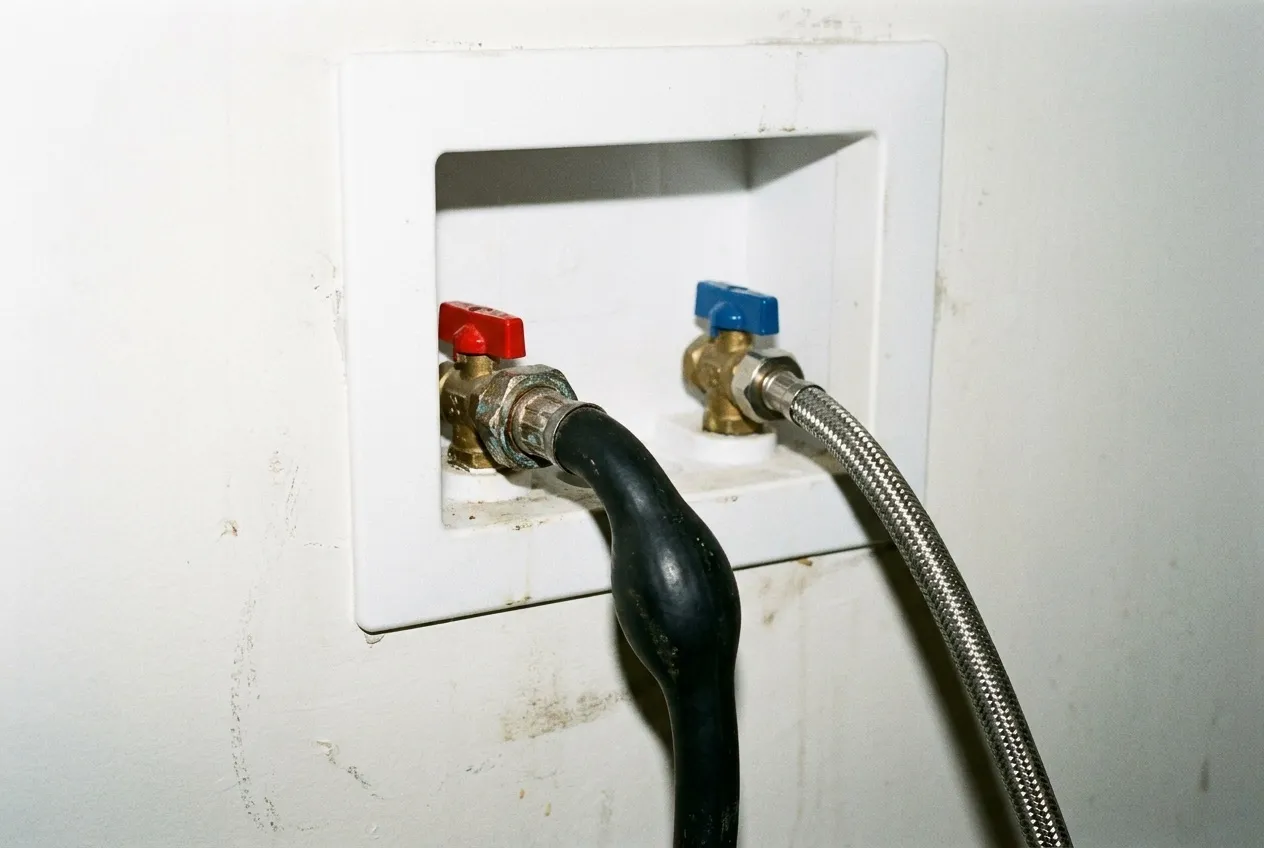 A bulge forms near the valve connection on a washing machine fill hose where it bends sharply behind the machine.