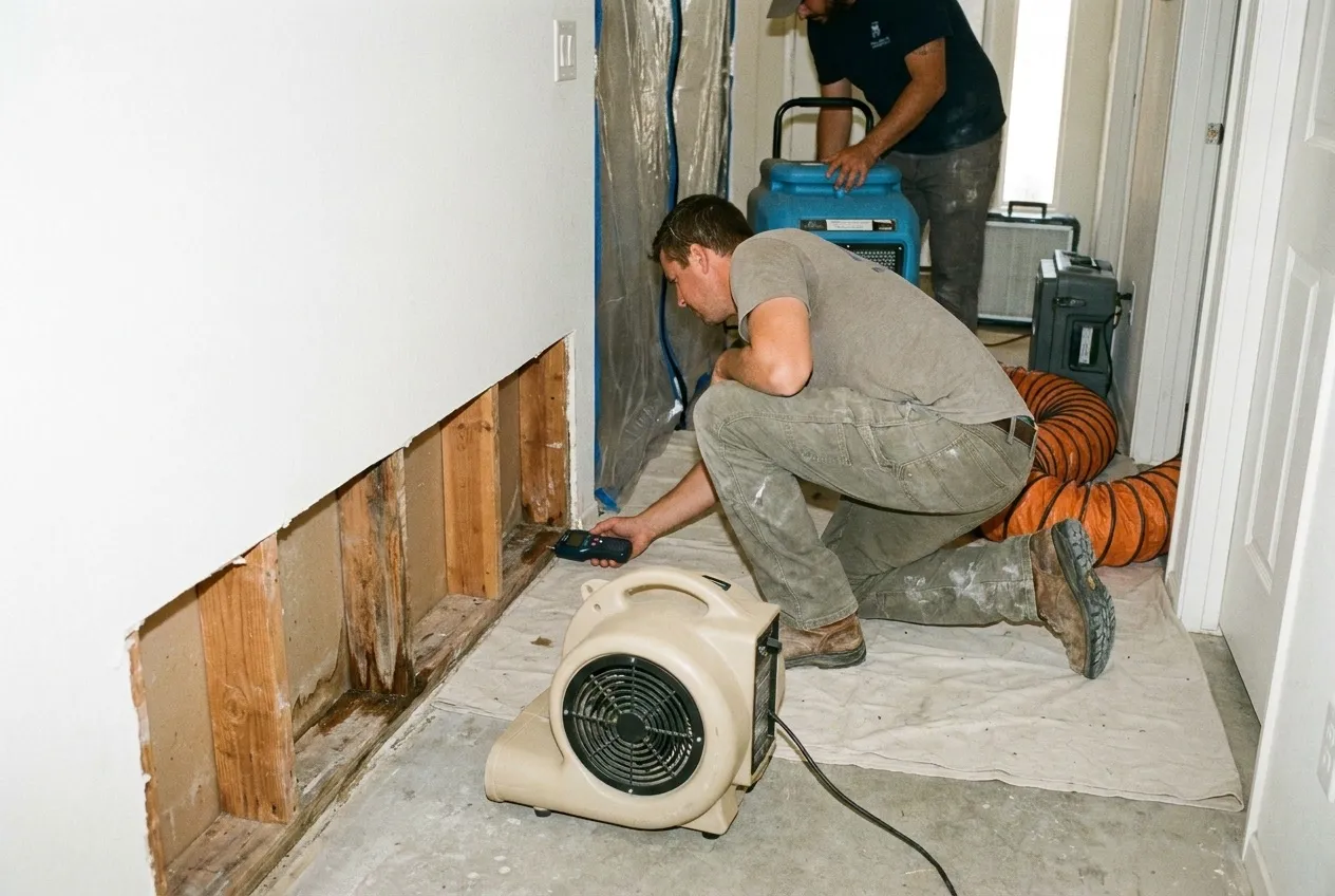 A technician reads moisture in the exposed bottom plate on the far side of a laundry wall while an air mover dries the cavity.