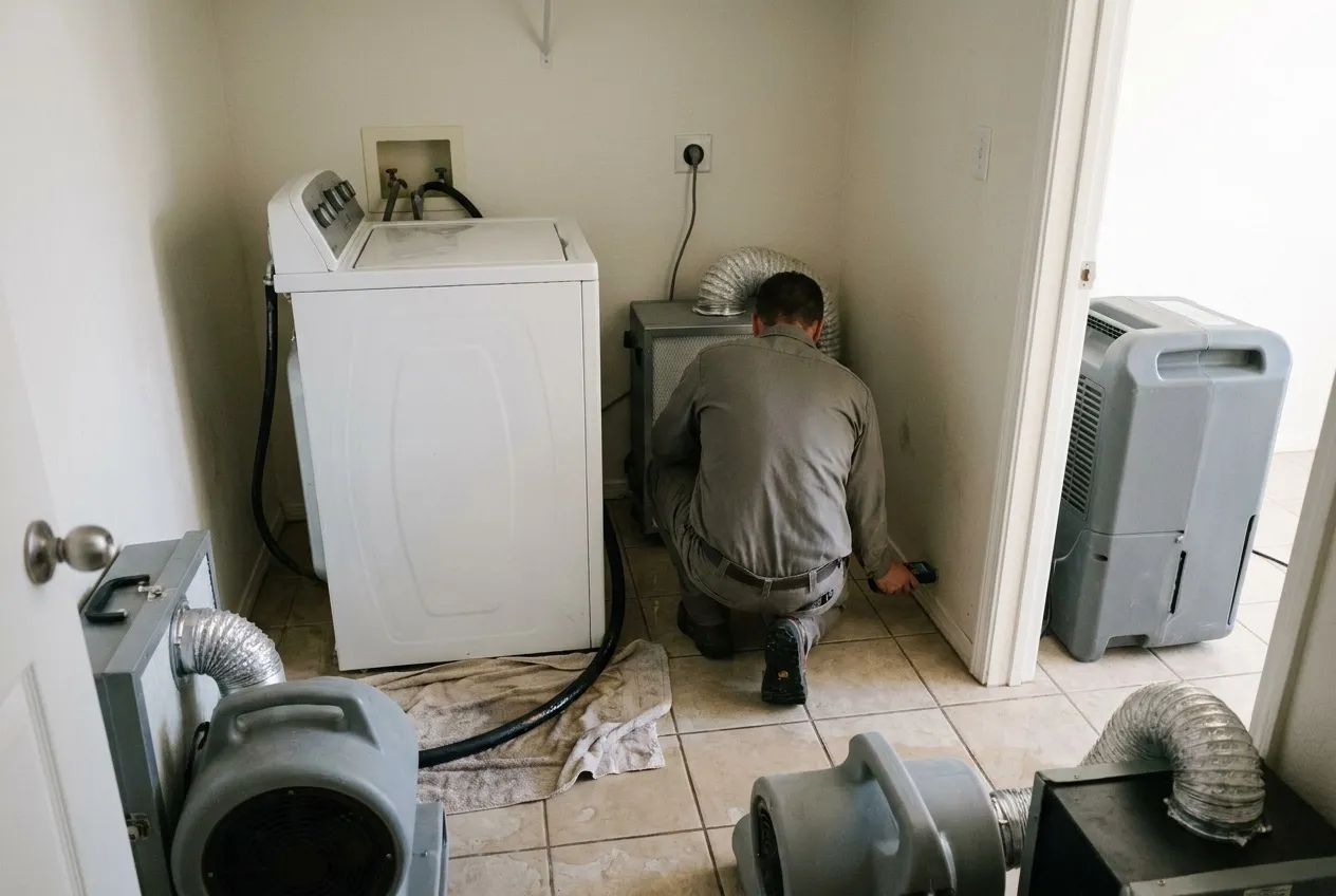 A technician checks the lower wall with a moisture meter beside a washer pulled out from the wall, its failed rubber fill hose lying on a towel, in a Phoenix laundry room.