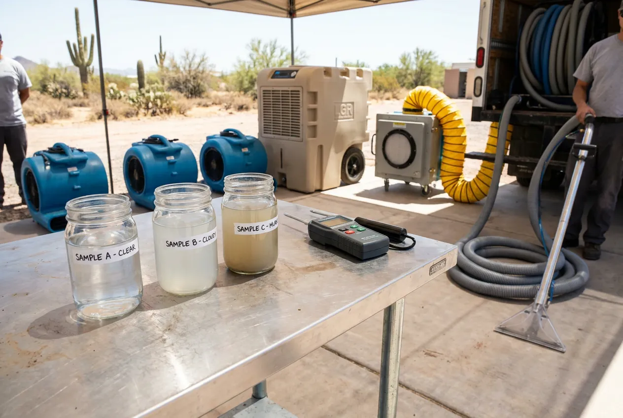 Three labeled water samples of visibly different clarity sit beside a moisture meter, illustrating the difference between clean, contaminated, and grossly contaminated water categories.
