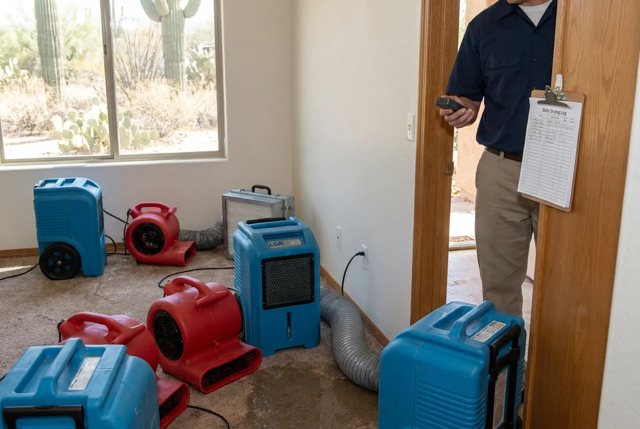 Drying equipment positioned according to a moisture map in a Phoenix bedroom, with the daily readings log clipped to the door frame.
