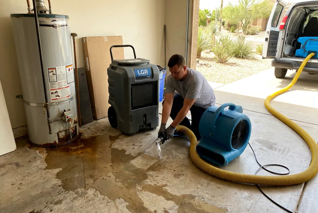 Water spreads across a Phoenix garage floor from the base of a corroded water heater as a technician stages an extractor beside it.