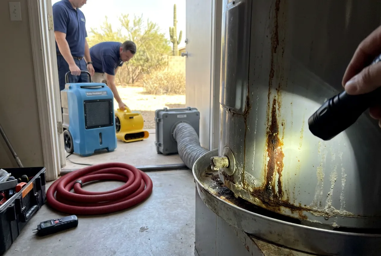 Rust streaks and mineral deposits mark the base seam of an aging Phoenix water heater under a technician's flashlight.