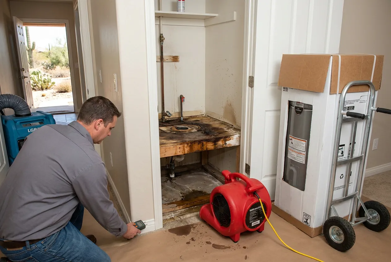 An opened water heater closet in a Phoenix hallway shows the saturated platform being dried by an air mover while a replacement tank waits on a dolly.